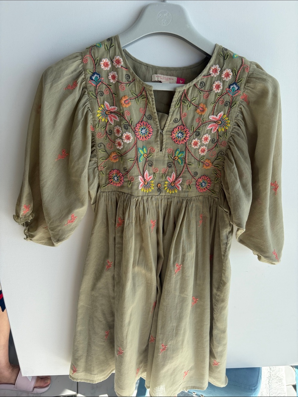 Pink Chicken Olive Green Embroidered Floral Puff-Sleeve Dress 10 years
